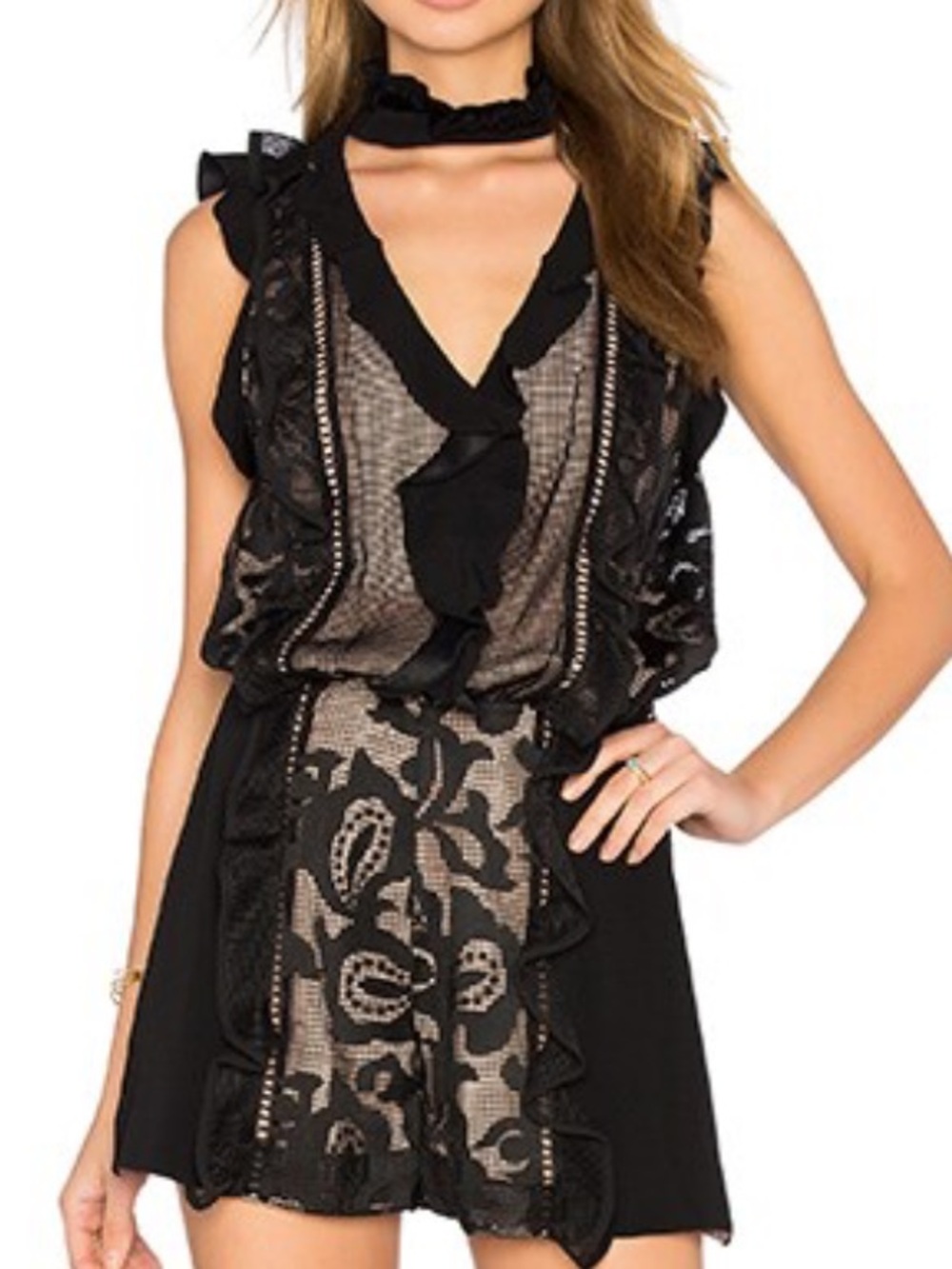 EUC ALEXIS Karliva Ruffled Lace Shorts Romper Black Size XS